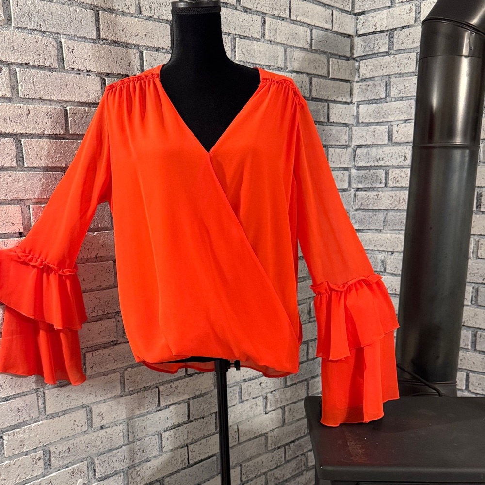 Marled Bold Orange Ruffle Sleeve Blouse